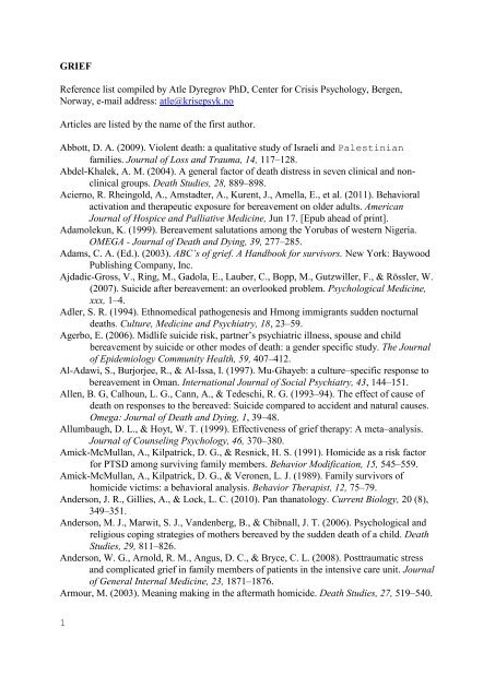 1 GRIEF Reference list compiled by Atle Dyregrov PhD, Center for ...