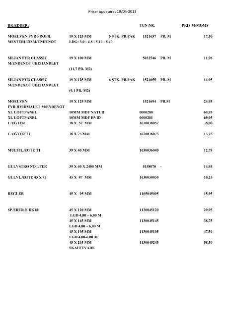 Prisliste - Allinge Byggemarked