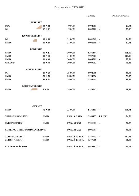 Prisliste - Allinge Byggemarked