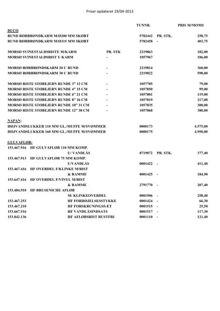 Prisliste - Allinge Byggemarked