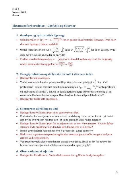 Eksamensforberedelse – Gasfysik og Stjerner - Fysik A