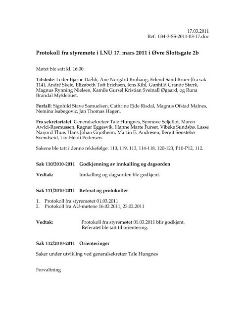 Protokoll fra styremøte i LNU 17. mars 2011 i Øvre Slottsgate 2b