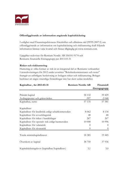 Kapitaltäckning & Likviditetsrisker 130331 - Remium