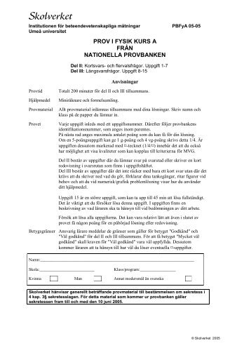 prov i fysik kurs a från nationella provbanken - Skolverkets Provbank ...