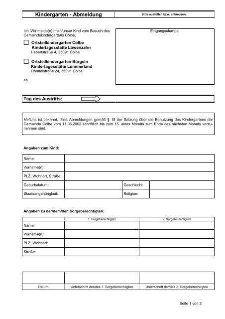Formular Kindergarten Abmeldung - Gemeinde Cölbe