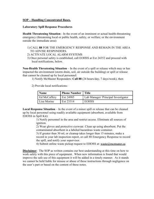 Standard Operating Procedure (SOP) - McMaster Department of ...