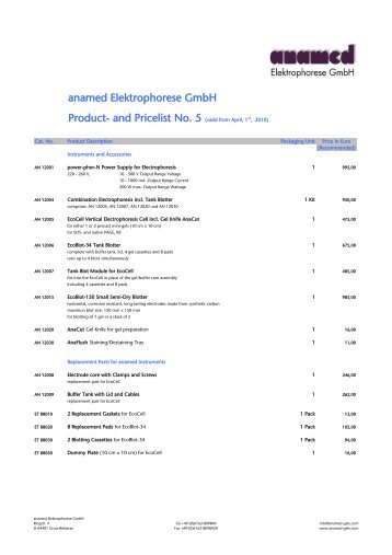 Current price list - anamed Elektrophorese Gele und Zubehör