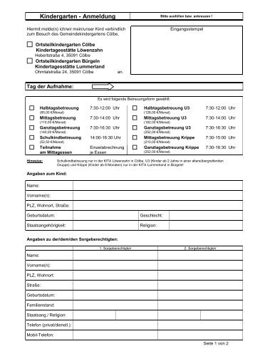 Formular Kindergarten Anmeldung - Gemeinde Cölbe