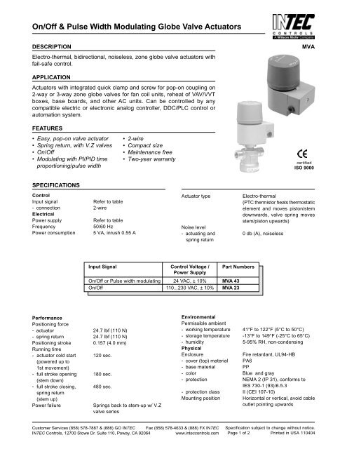 On/Off & Pulse Width Modulating Globe Valve ... - INTEC Controls