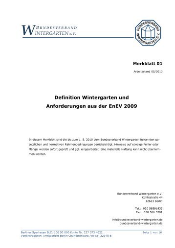 Definition Wintergarten und Einordnung in die EnEV 2009