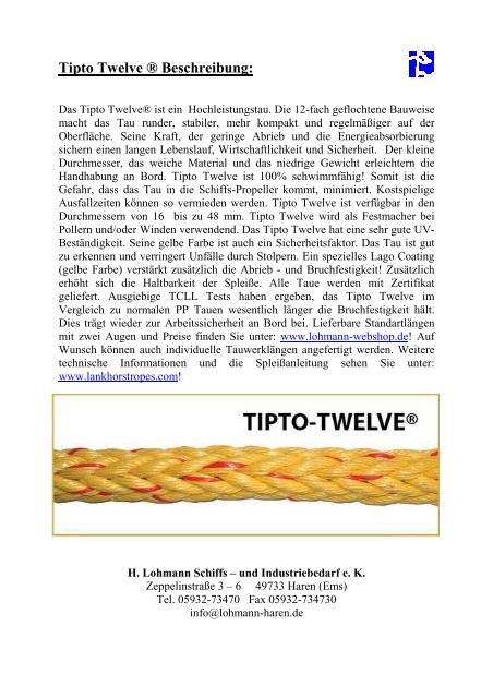 Tipto Twelve Beschreibung - H. Lohmann Schiffs