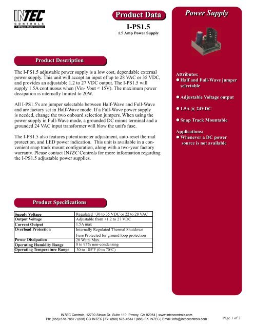 Intec Controls Power I-PS1.5 - INTEC Controls