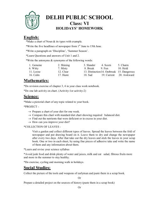 holiday homework for grade 6 science