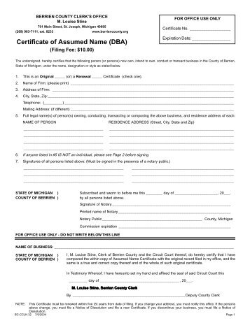 Certificate of Assumed Name (DBA) - Berrien County
