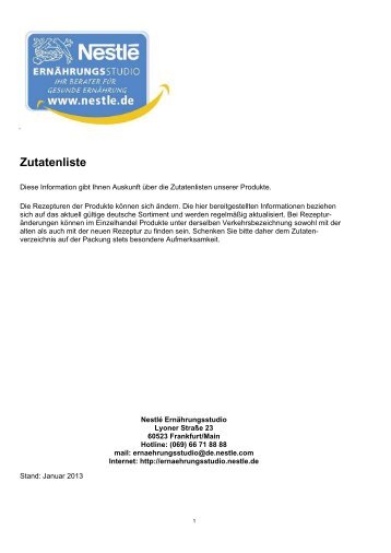 Produktzutaten Operative Website - Nestle Ernährungsstudio