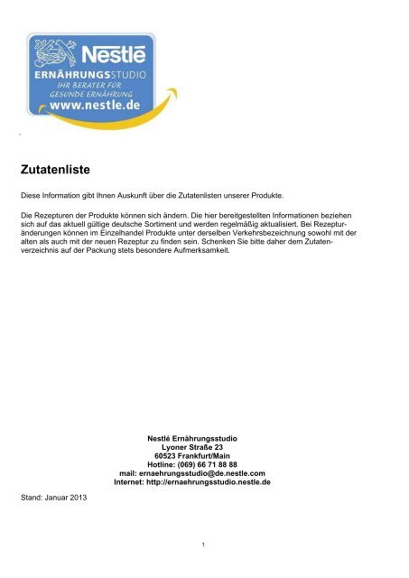 Produktzutaten Operative Website - Nestle Ernährungsstudio