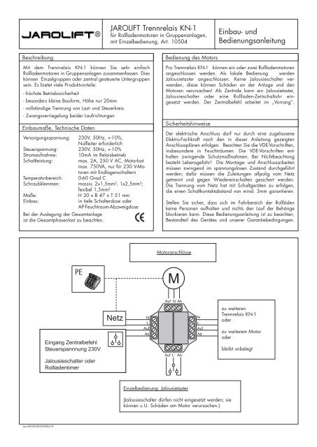 JAROLIFT Trennrelais KN-1 Einbau- und Bedienungsanleitung PE