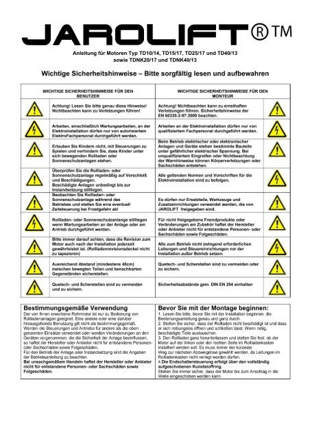 Anleitung für Motoren Typ TD10/14, TD15/17, TD25/17 und TD40/13 ...