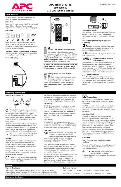 APC Back-UPS Pro 280/420/650 230 VAC User's Manual - APC Media