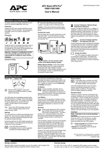 APC Back-UPS Pro 1000/1100/1400 User's Manual