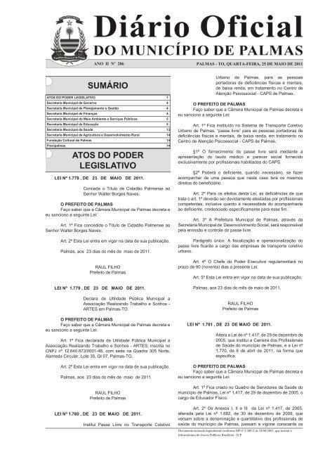 SUMÁRIO ATOS DO PODER LEGISLATIVO - Diário Oficial de Palmas