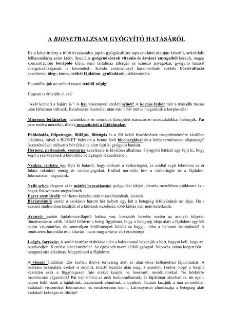 A BIONETBALZSAM GYÓGYÍTÓ HATÁSÁRÓL