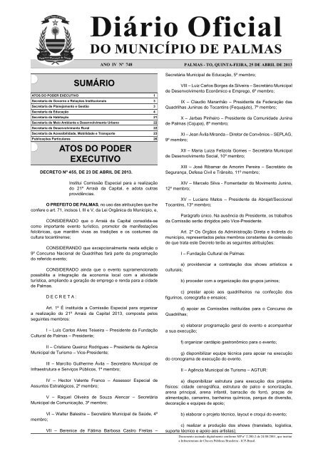 SUMÁRIO ATOS DO PODER EXECUTIVO - Diário Oficial de Palmas