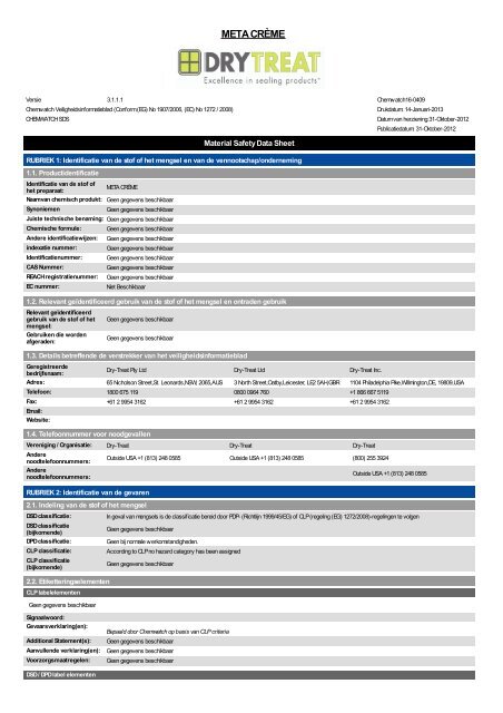 Chemwatch REACH MSDS for META CRÈME - Dry Treat