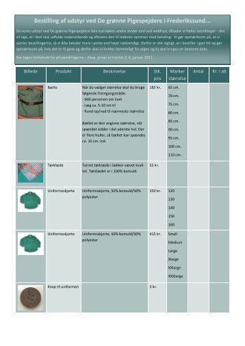 Bestilling af udstyr ved De grønne Pigespejdere i Frederikssund...