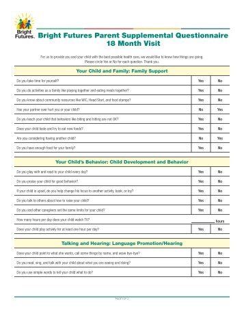 questionnaire bright futures screening visit month year parent supplemental