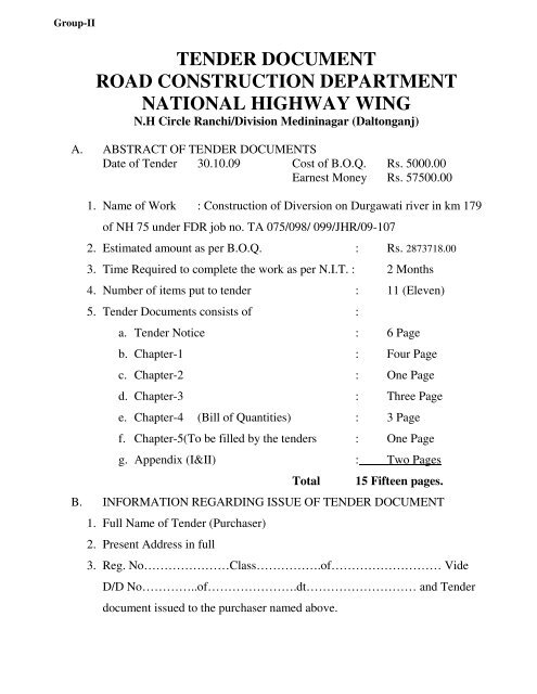 tender document road construction department national highway wing