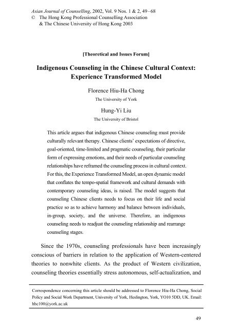 Indigenous Counselling In A Chinese Cultural Context