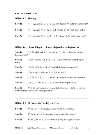 Bölüm 3.3 Alt Uzay Bölüm 3.4 Lineer Bileşim Lineer Bağımlılık ve ...