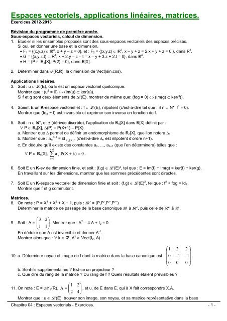 04 - Espaces vectoriels Exercices - CPGE Dupuy de Lôme