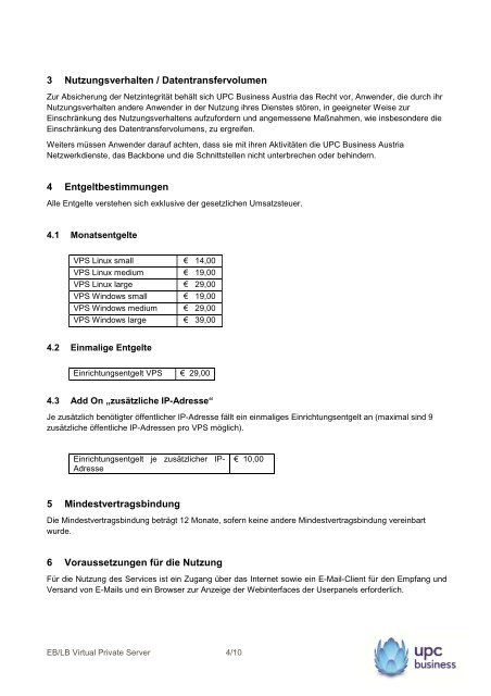 Entgeltbestimmungen und Leistungsbeschreibung - UPC Business