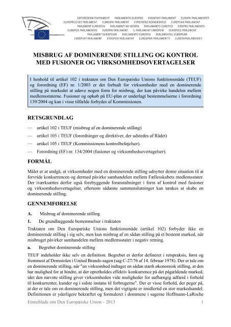 Misbrug af dominerende stilling og kontrol med fusioner og ... - Europa