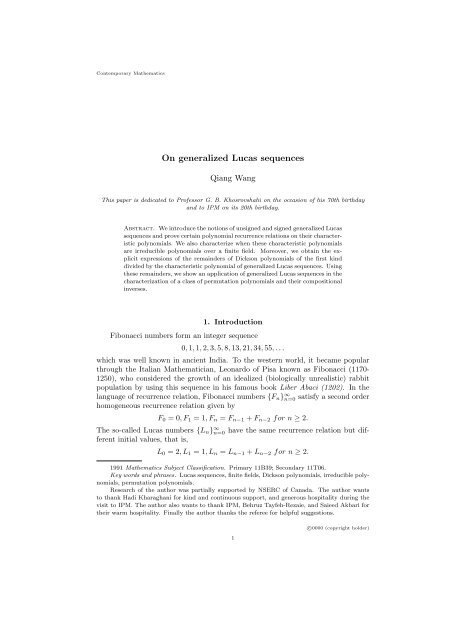 On generalized Lucas sequences - Mathematics and Statistics ...