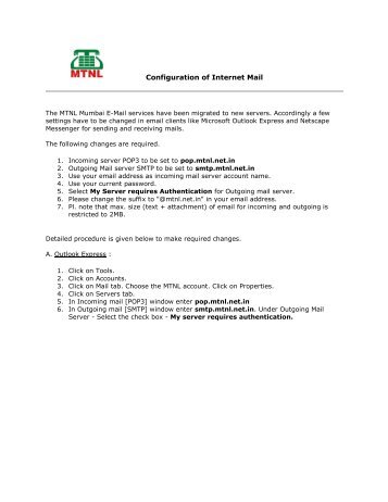 Configuration of Internet Mail - MTNL Mumbai