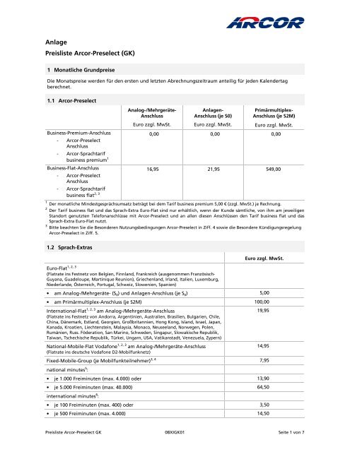Anlage Preisliste Arcor Preselect Gk Vodafone