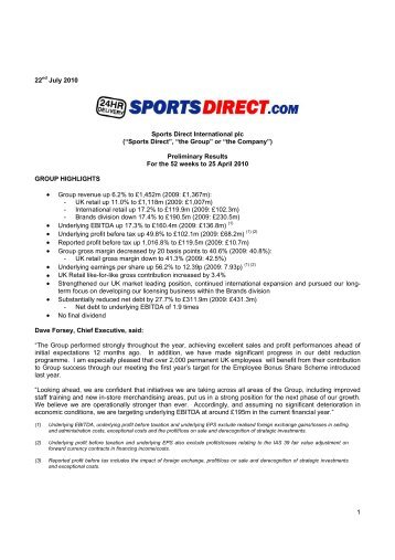 Preliminary Result - Sports Direct International