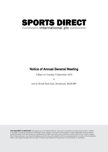 Notice of Annual General Meeting - Sports Direct International