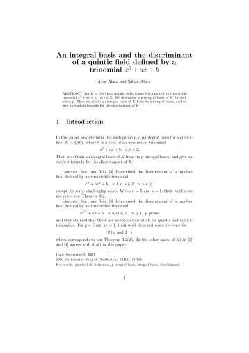 An integral basis and the discriminant of a quintic field defined by a ...