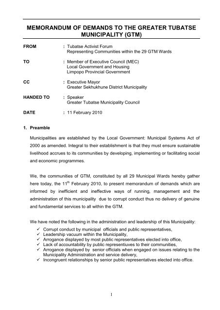 memorandum of demands to the greater tubatse municipality ... - Mg