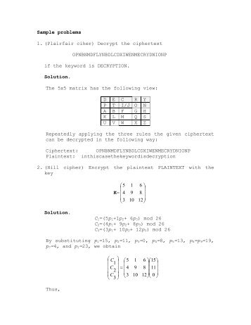 Sample problems 1. (Plairfair ciher) Decrypt the ciphertext ...