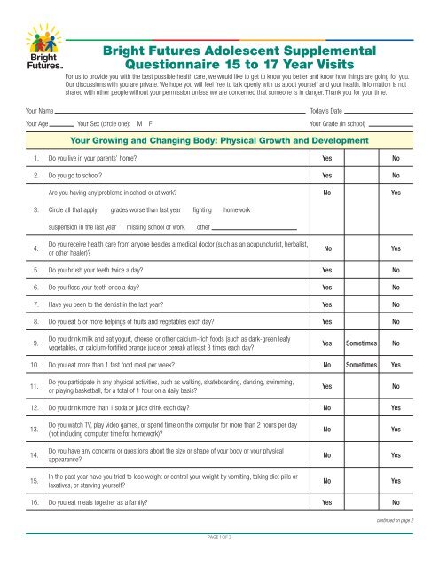 Bright Futures Adolescent Supplemental Questionnaire 15 To 17 
