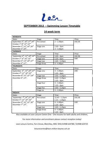 SEPTEMBER 2012 – Swimming Lesson Timetable 14 week term