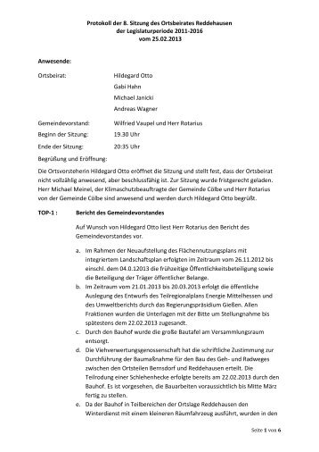 Protokoll der 8. Sitzung des Ortsbeirates ... - Gemeinde Cölbe