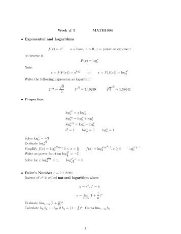 Week # 5 MATH1004 • Exponential and Logarithms f(x) = ax a ...