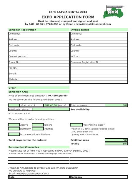 EXPO APPLICATION FORM - EXPO LATVIA DENTAL 2012