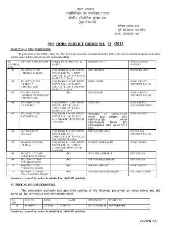 Posting of CISF Personnel (SO No.33 Dt.12.04.2013)